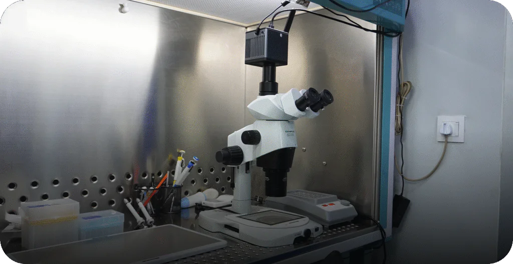 Olympus SZX16 stereo microscope inside a sterile laminar flow hood in the embryology lab. - AAS Fertility